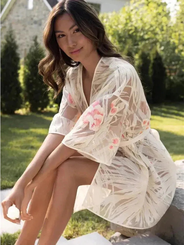 Kimono Robe Cover-Up Nwt “Rya Collection” Floral Embroidered Sheer M/L